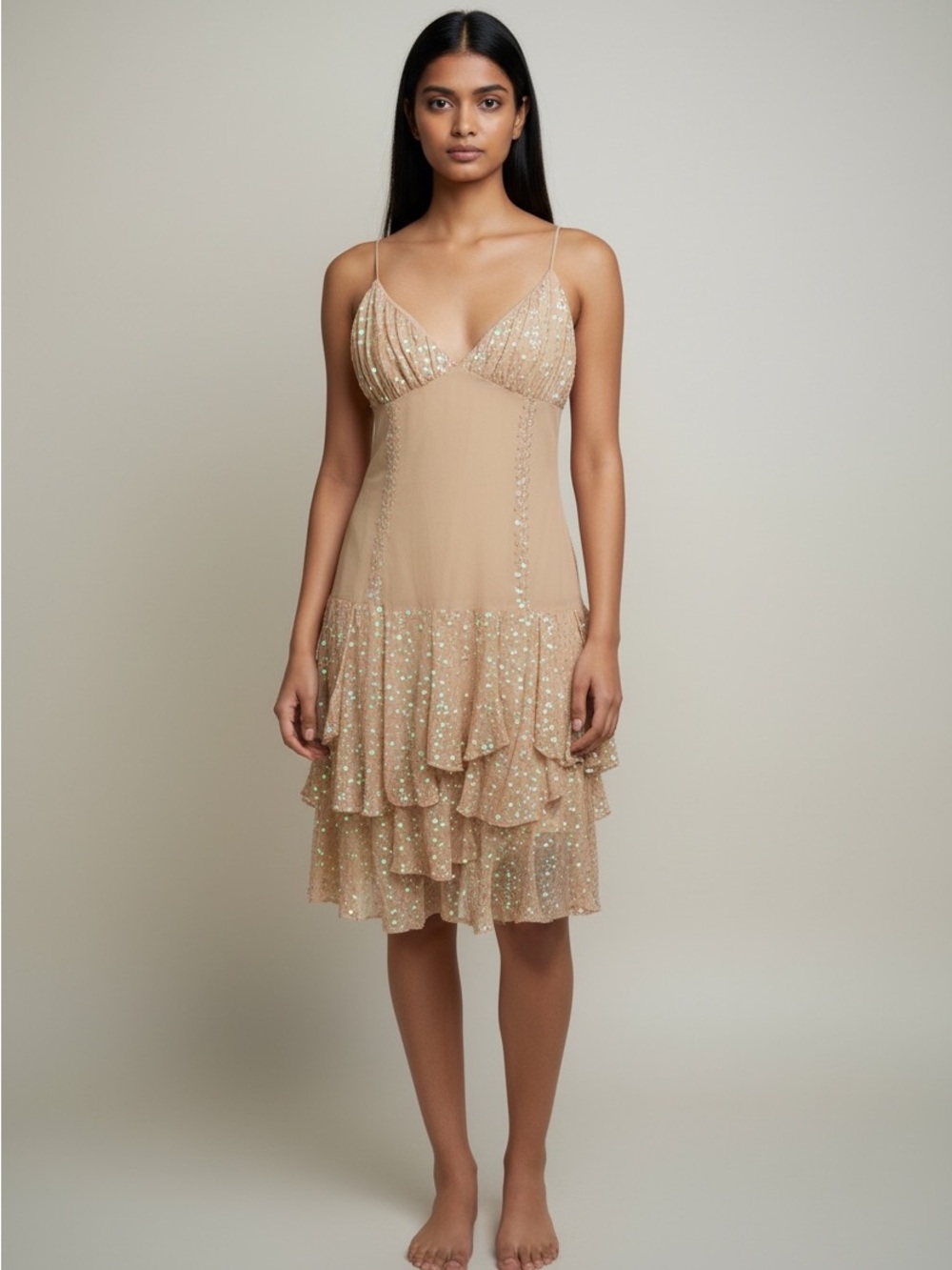 Vintage Y2K BEBE Petal Hem Sequin Slip Dress NWT Size M Champagne Gold